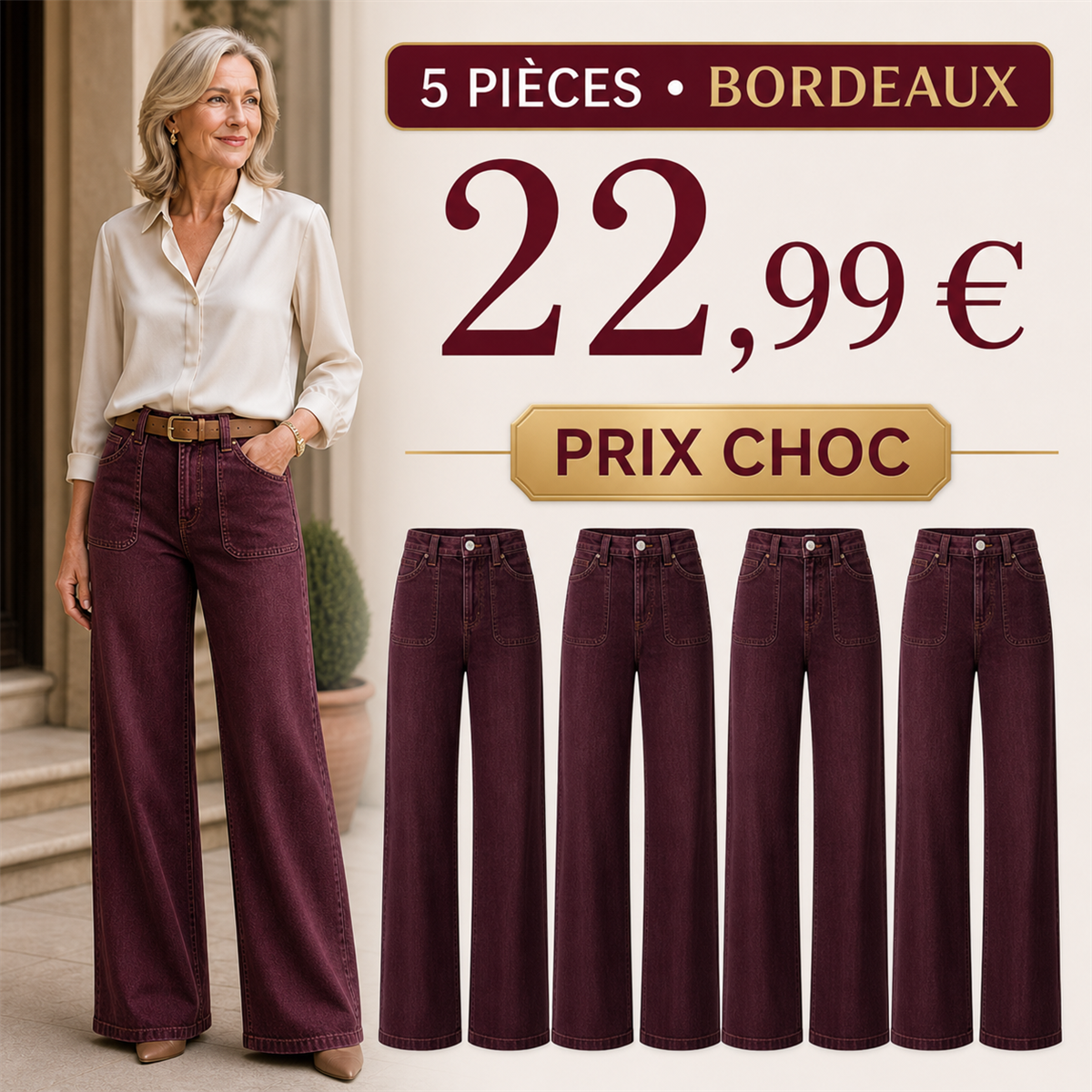 Offre en lot - Jean large femme à poches plaquées et coupe décontractée
