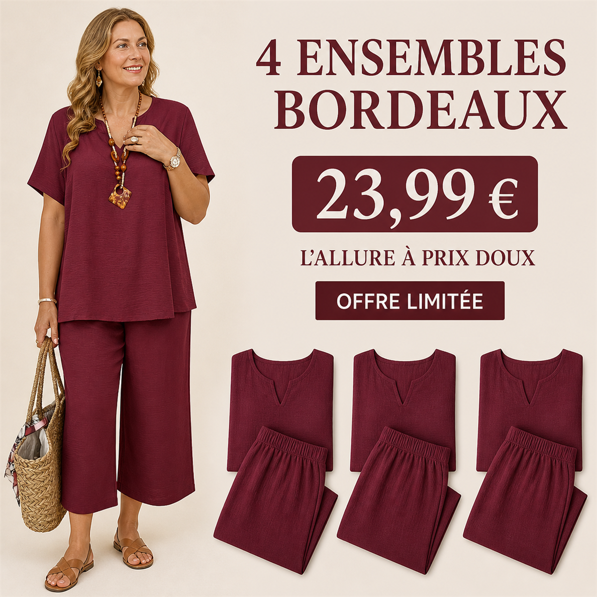 Offre en lot - Ensemble femme 2 pièces décontracté avec haut ample et pantalon court large
