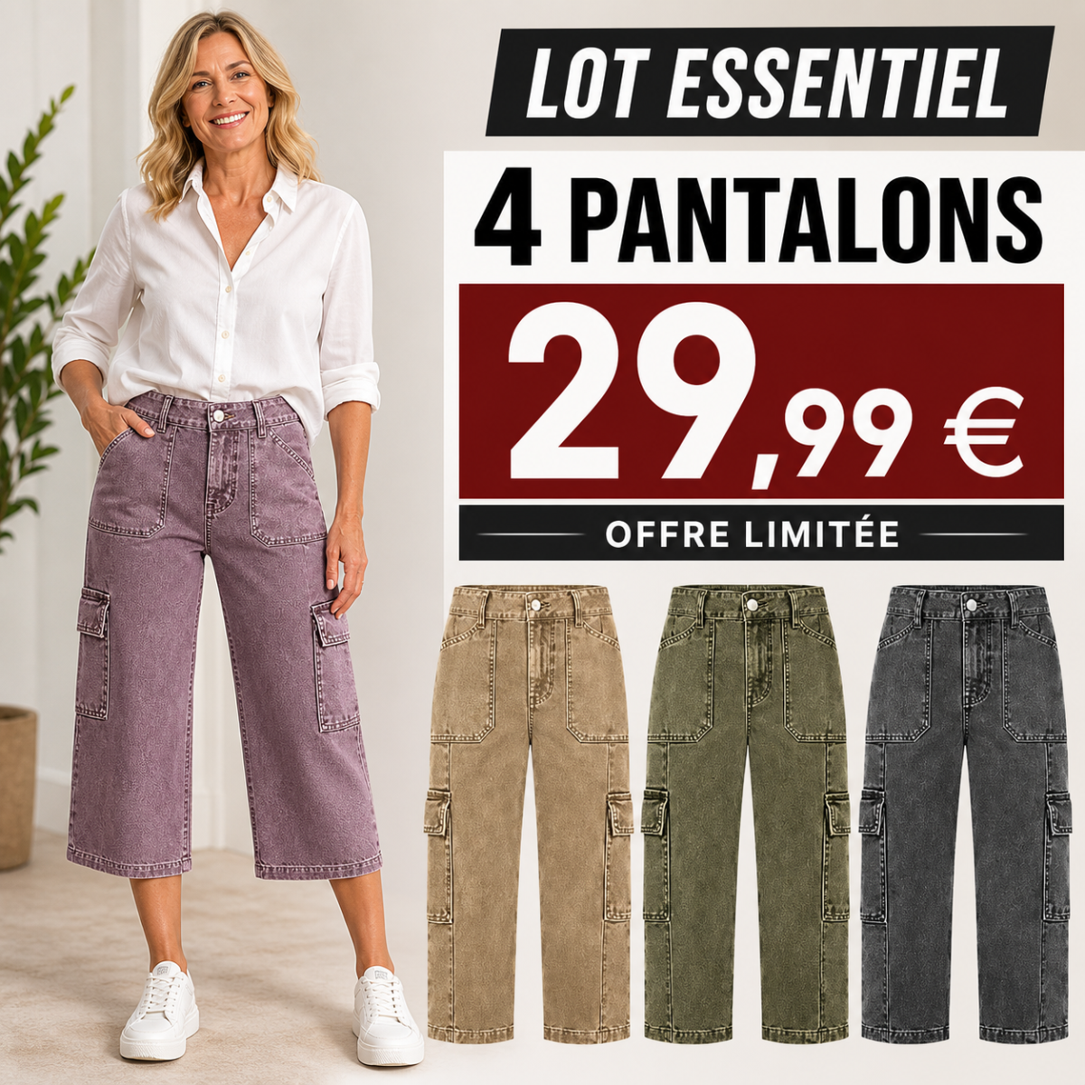 Offre en lot - Pantalon cargo court femme à jambe large et poches multiples