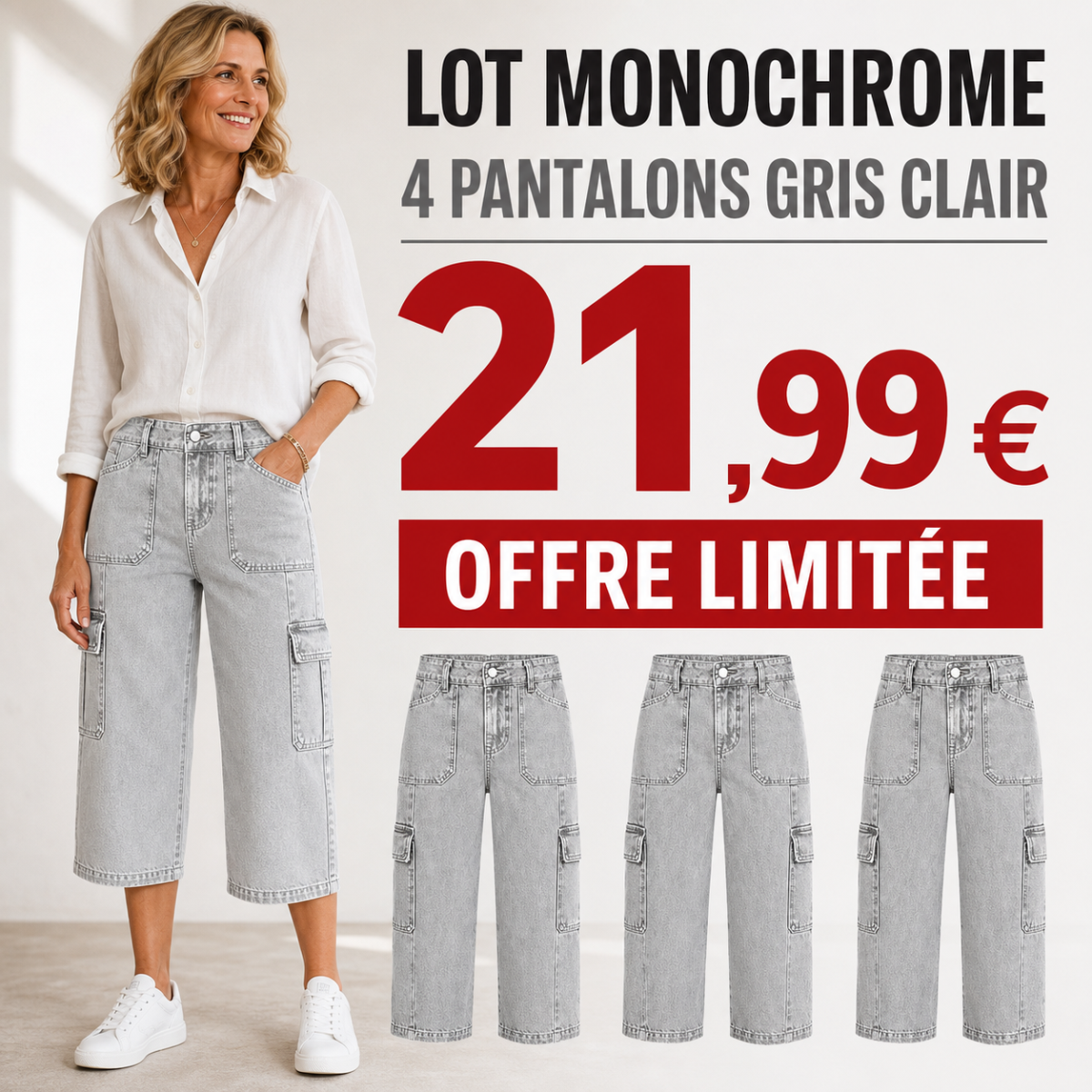 Offre en lot - Pantalon cargo court femme à jambe large et poches multiples