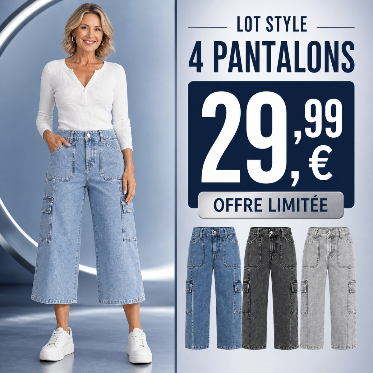 Offre en lot - Pantalon cargo court femme à jambe large et poches multiples