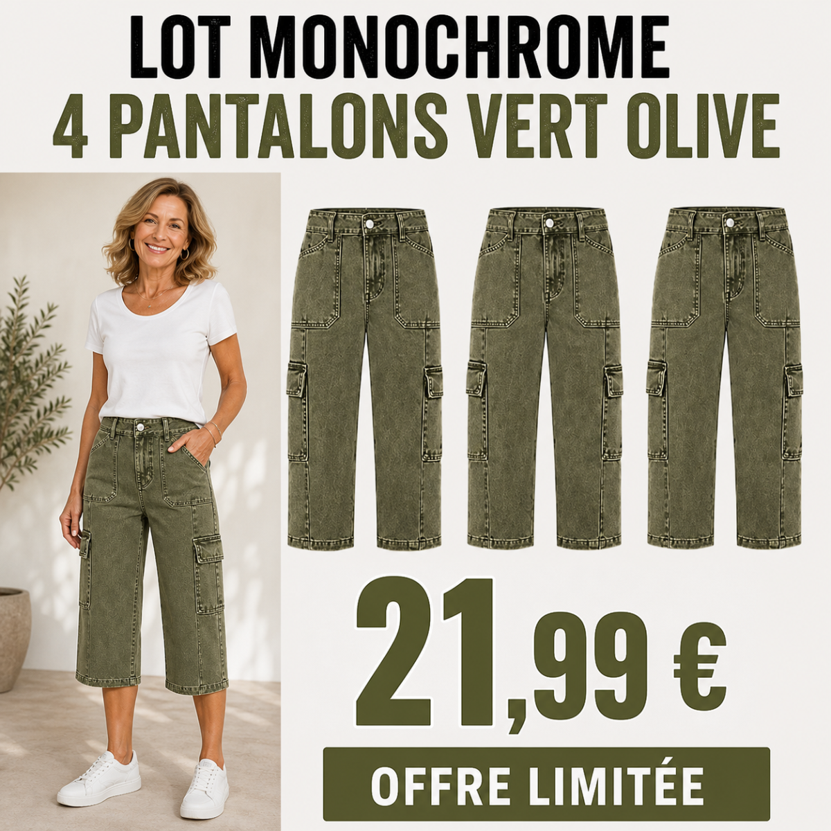Offre en lot - Pantalon cargo court femme à jambe large et poches multiples