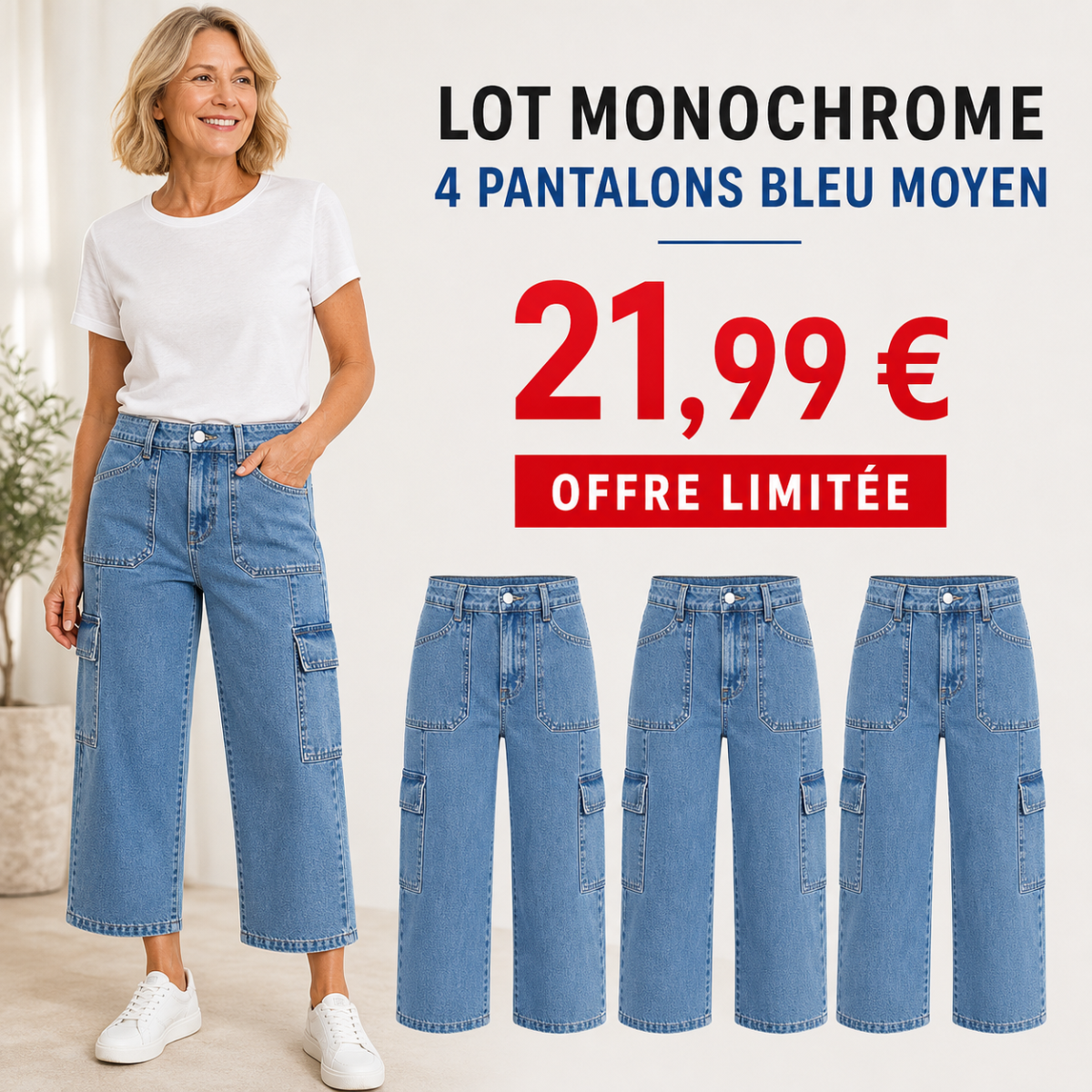 Offre en lot - Pantalon cargo court femme à jambe large et poches multiples
