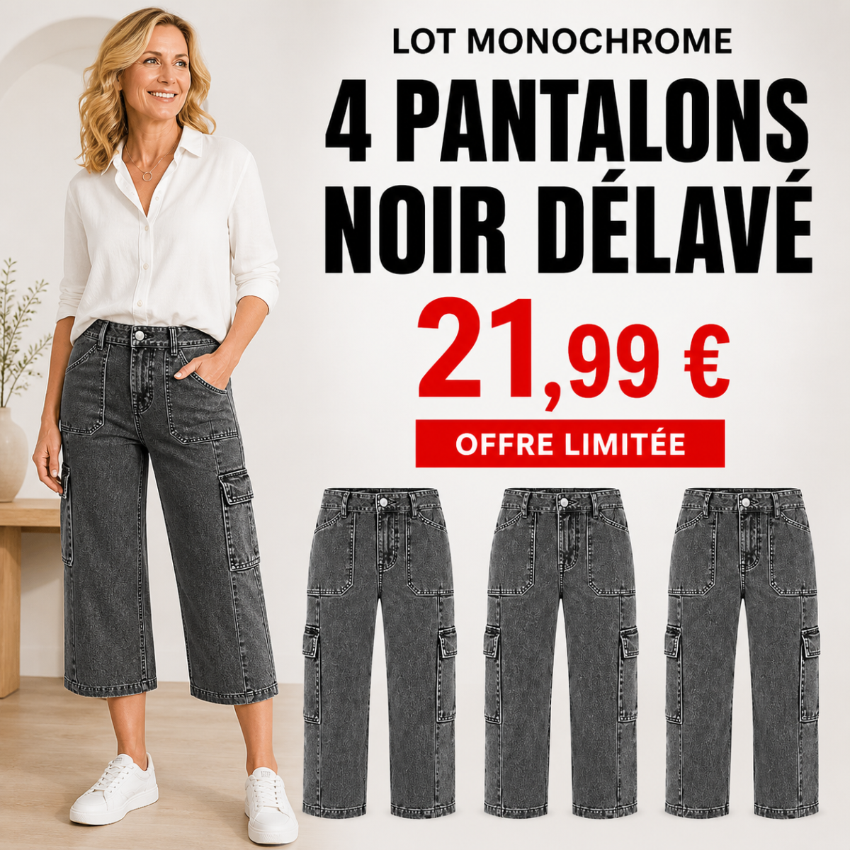 Offre en lot - Pantalon cargo court femme à jambe large et poches multiples