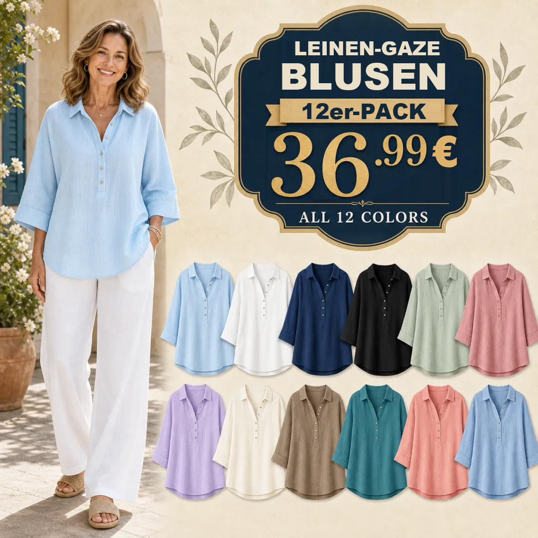 ⏰Räumungsverkauf⚡12er-Pack für 33,99 €⚡Damenblusen aus Leinen-Gaze mit Knopfleiste und Kragen