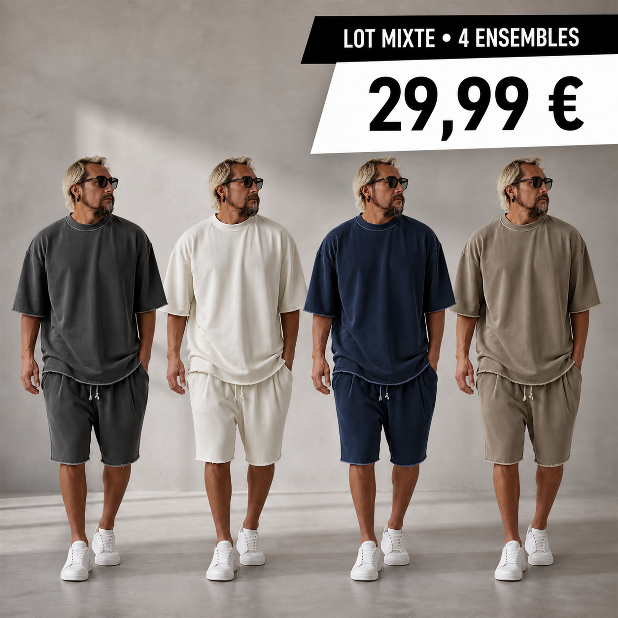 OFFRE FINALE - Lot de 8 a seulement 39,99 € - Ensemble homme avec t-shirt ample et short a cordon aux bords francs