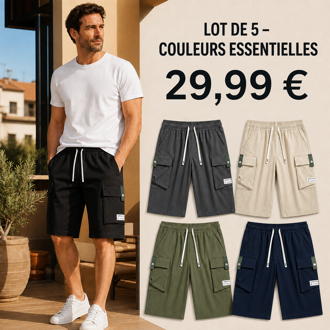 OFFRE FINALE - Lot de 10 a seulement 39,99 € - Pantacourt cargo homme a taille elastiquee et cordon