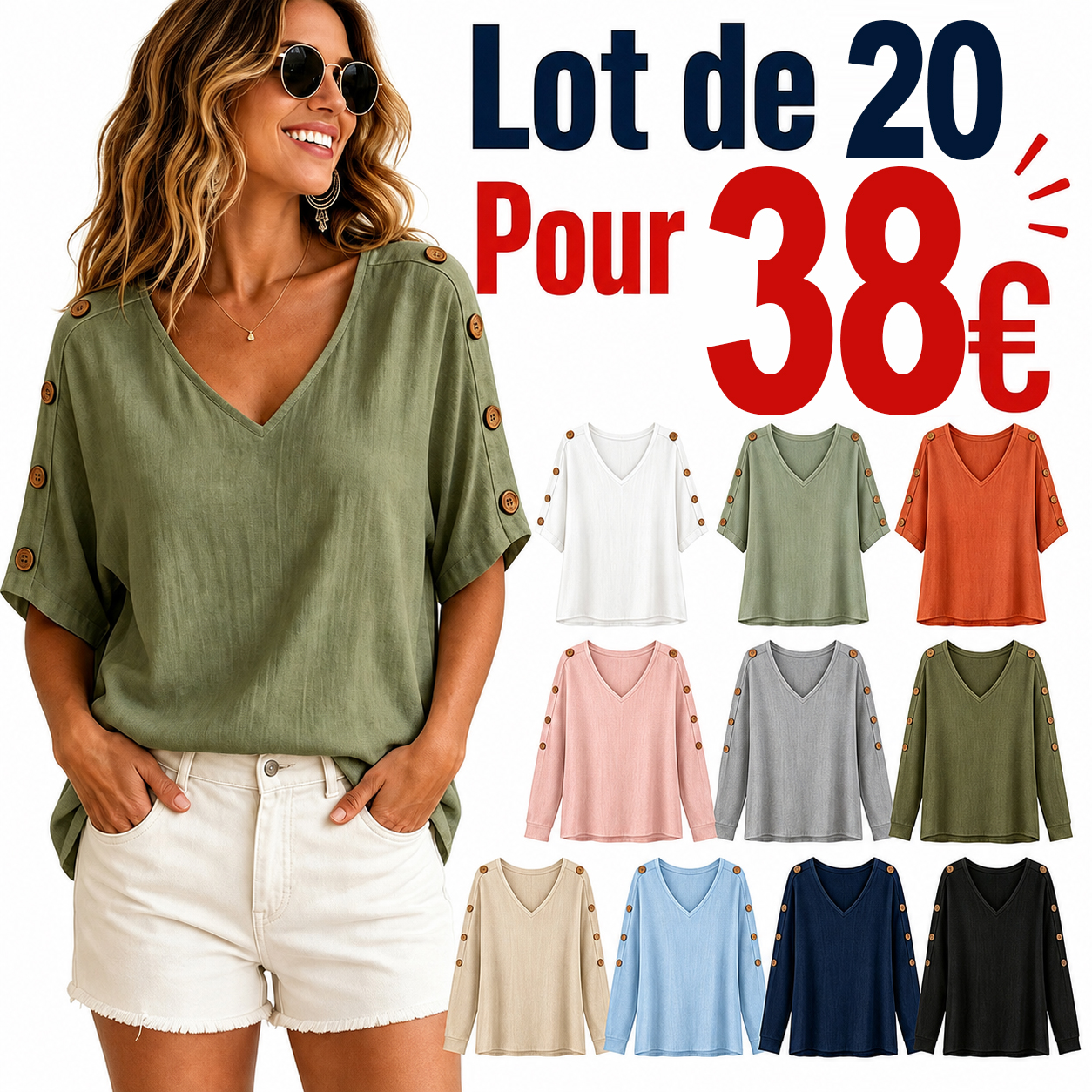 ⏰Vente de déstockage⚡Lot de 20 à seulement 38 €⚡T-shirt femme en lin à col V et manches boutonnées