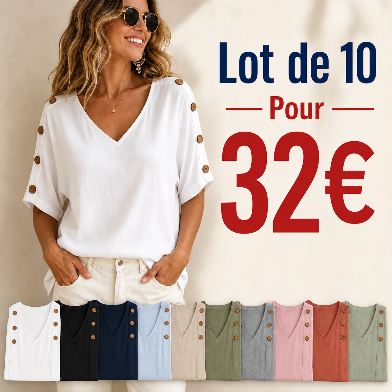 ⏰Vente de déstockage⚡Lot de 20 à seulement 38 €⚡T-shirt femme en lin à col V et manches boutonnées