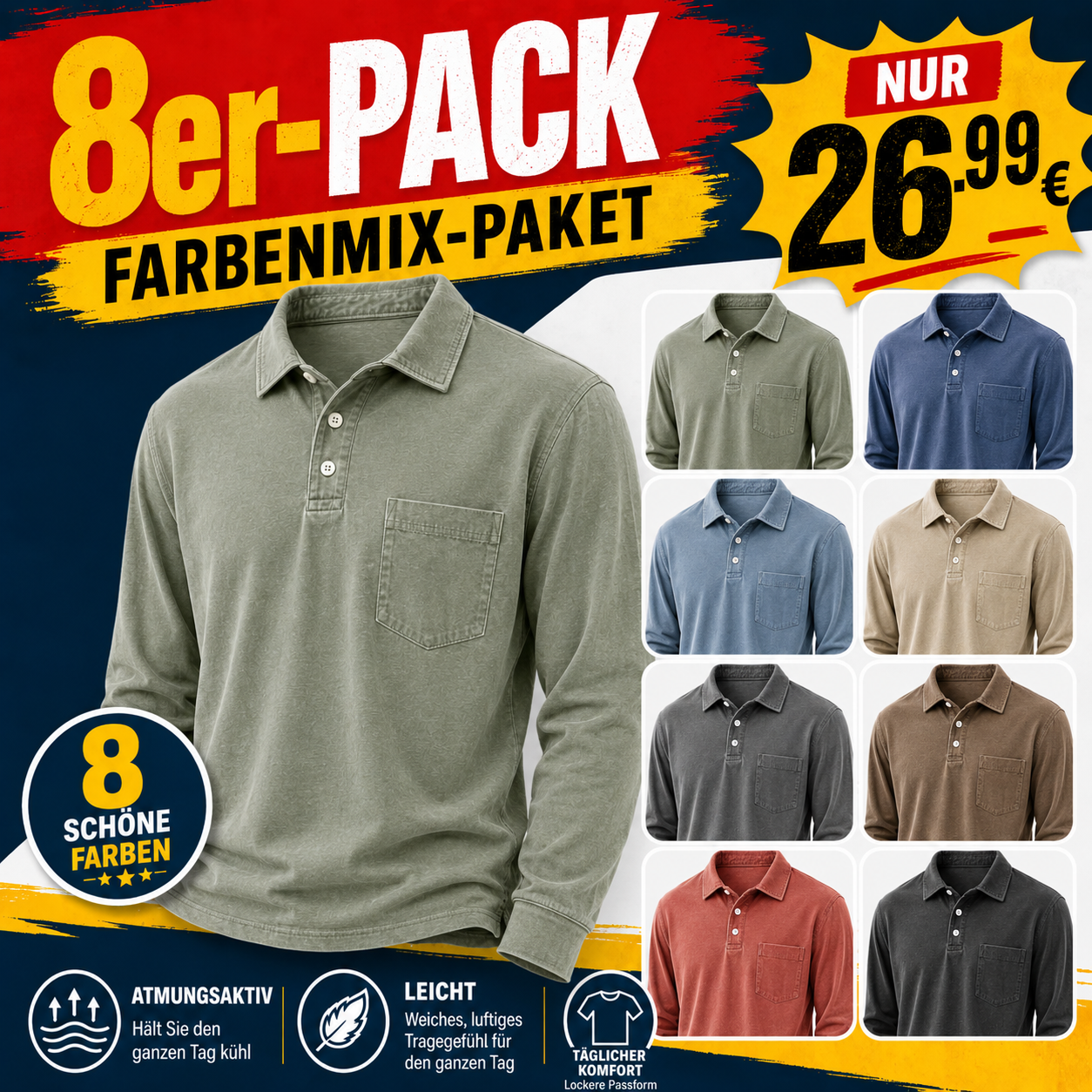 Limitierter Deal: 16er-Pack nur 37,99 € - Herren Poloshirts aus gewaschener Baumwollmischung, leicht, atmungsaktiv, lockere Passform mit 3-Knopf-Leiste