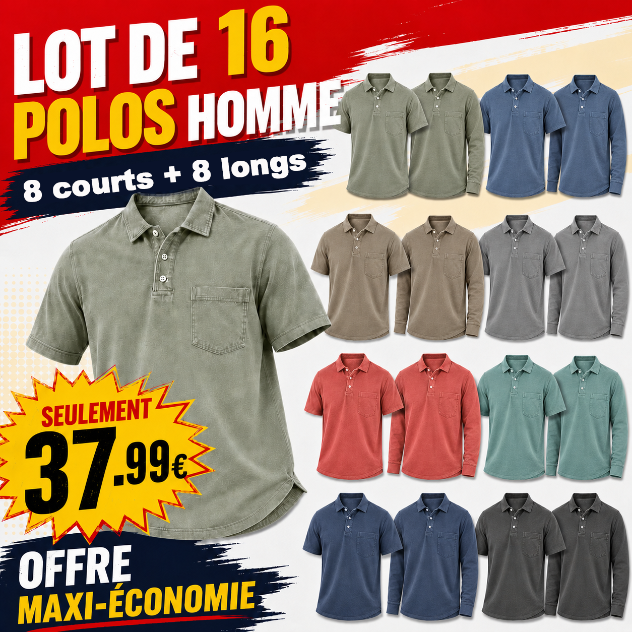 Offre limitée : Lot de 16 polos homme à 37,99 € - Coton lavé, léger, respirant et coupe décontractée à 3 boutons