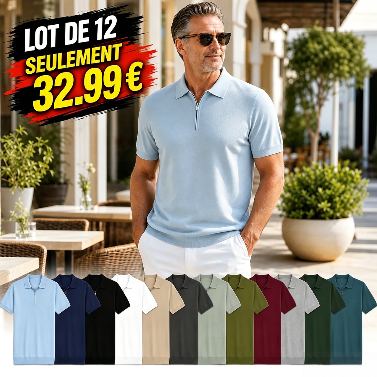 ⏰Lot de 12 pour 32.99 € ⚡Polo homme en maille à demi-zip