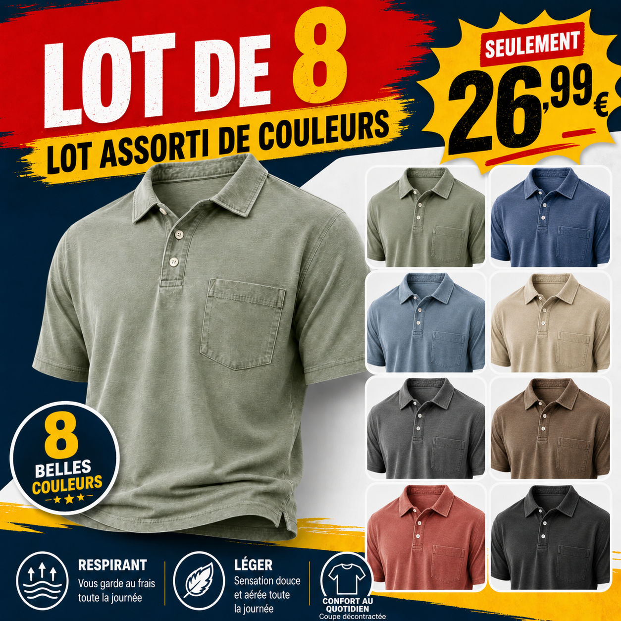 Offre limitée : Lot de 16 polos homme à 37,99 € - Coton lavé, léger, respirant et coupe décontractée à 3 boutons
