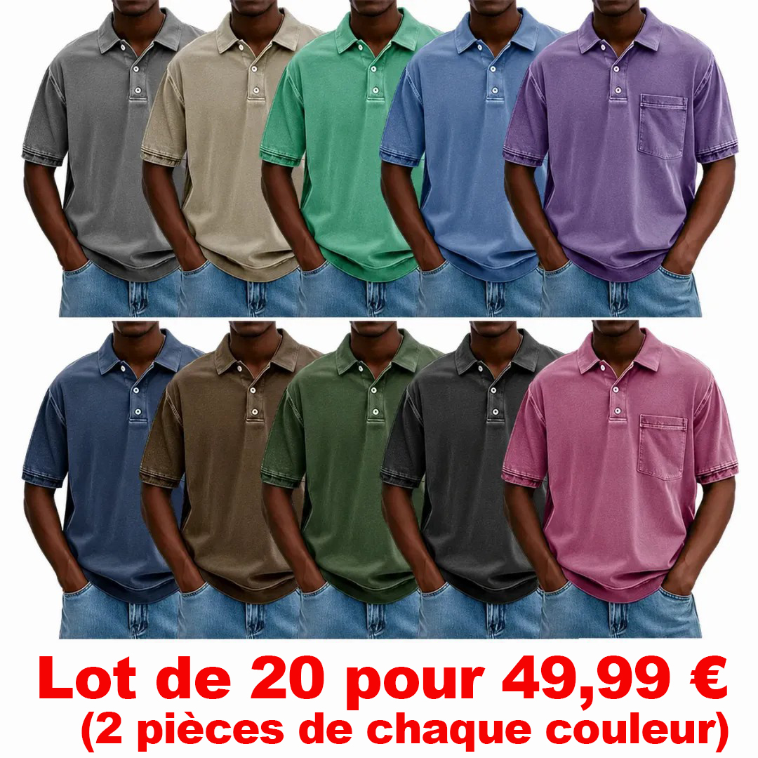 ✨VENTE FINALE✨ 10 pièces à seulement 34,99 € ✨ – Polo homme rétro délavé à col revers avec poche et manches courtes