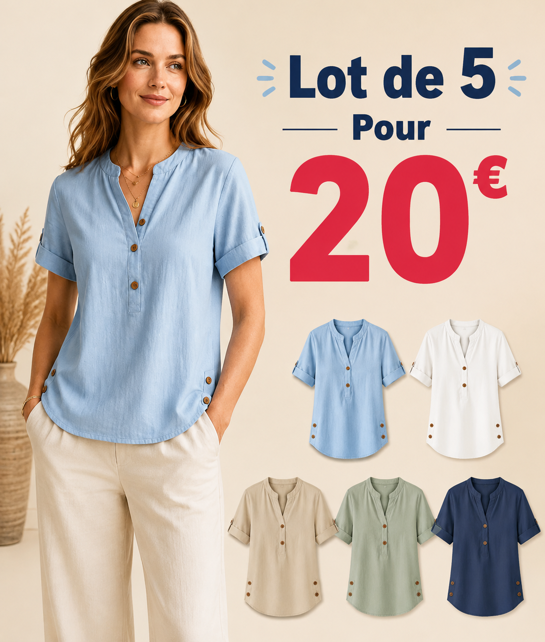 ⏰ Liquidation d’entrepôt⚡Lot de 20 à seulement 38 €⚡T-shirt femme en lin à col mao