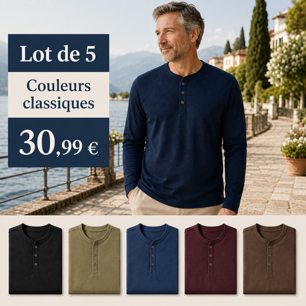 ⏰Chemise Henley à manches longues pour homme avec patte de boutonnage