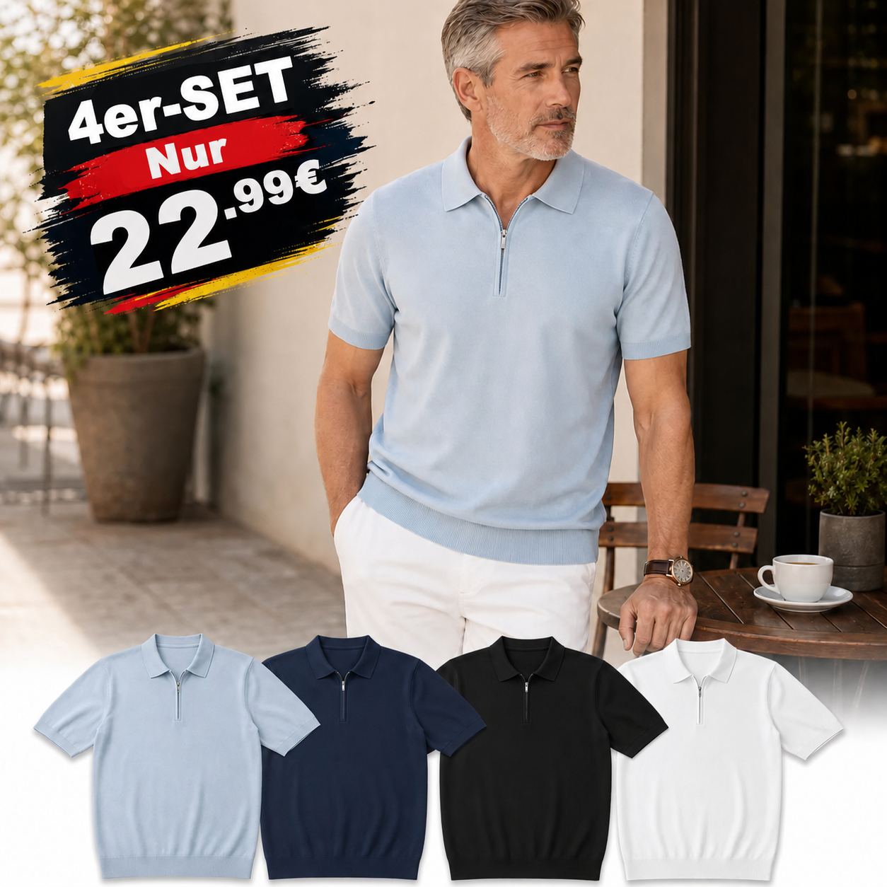 ⏰12er-Pack für 32,99 € ⚡Herren-Poloshirt mit halbem Reißverschluss