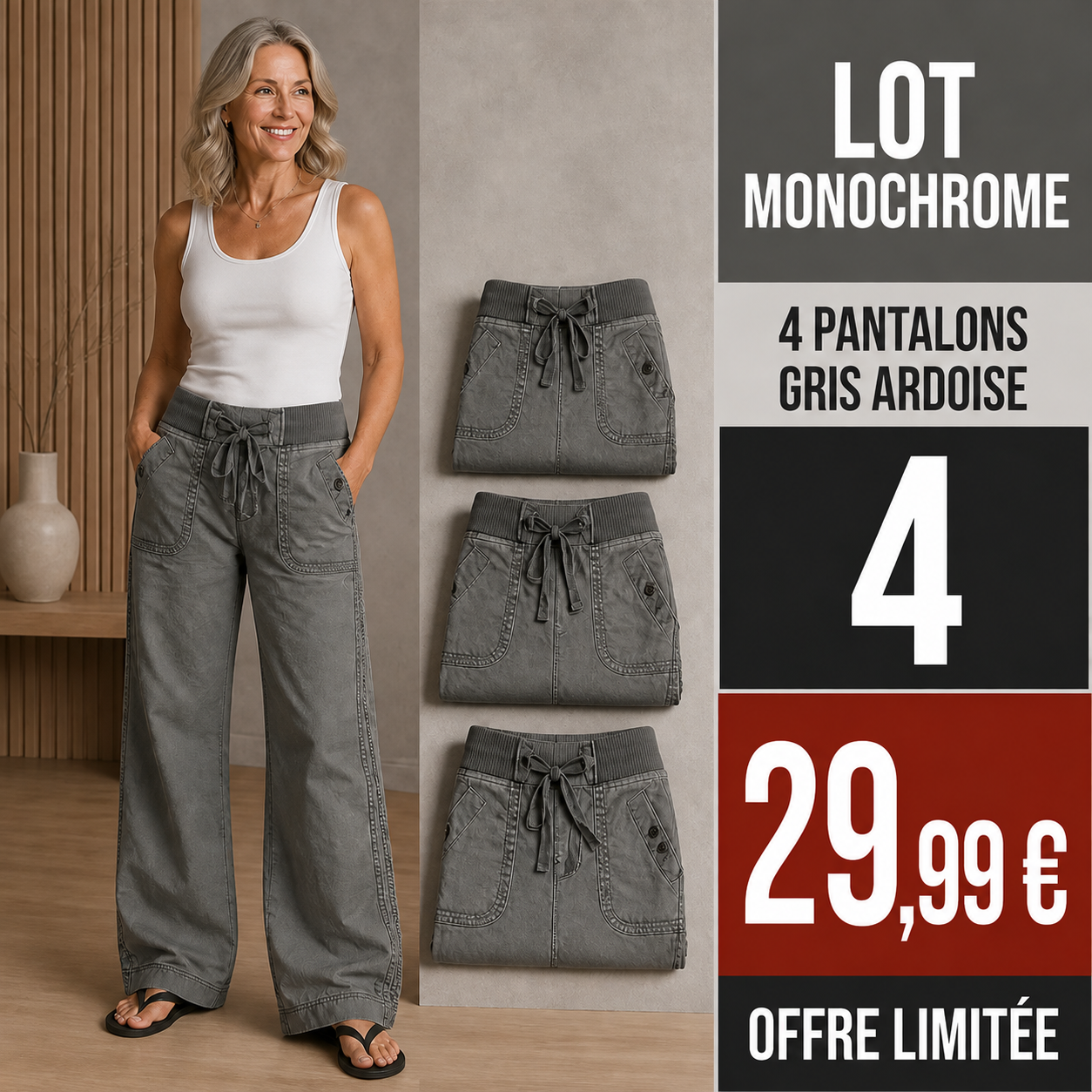 OFFRE LIMITÉE - Lot de 8 à 36,99 € | Pantalon cargo décontracté femme à taille coulissée et poches arrondies