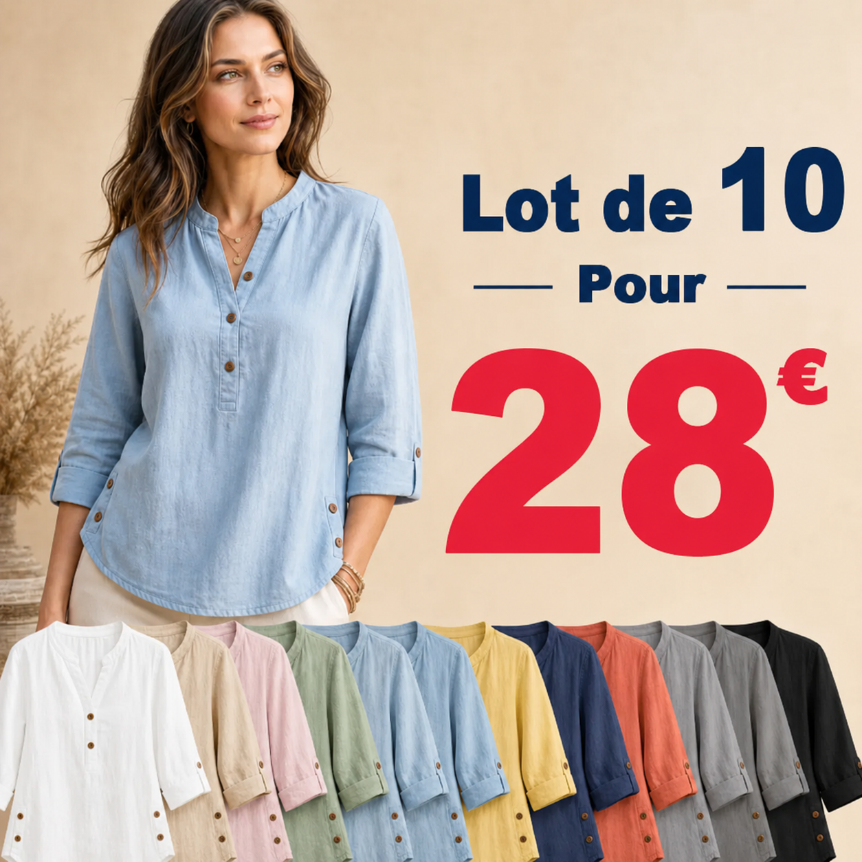 ⏰ Liquidation d’entrepôt⚡Lot de 20 à seulement 38 €⚡T-shirt femme en lin à col mao