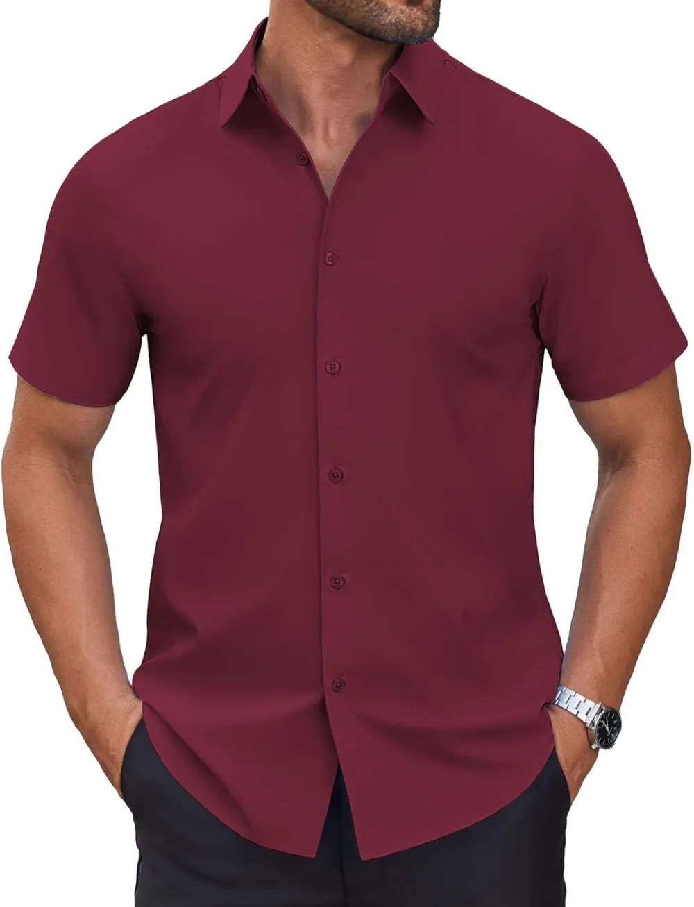 Chemise habillée à manches courtes pour homme – Sans repassage, décontractée, boutonnée, idéale à porter hors du pantalon pour l’été