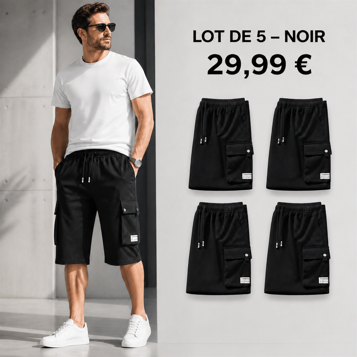 OFFRE FINALE - Lot de 10 a seulement 39,99 € - Pantacourt cargo homme a taille elastiquee et cordon