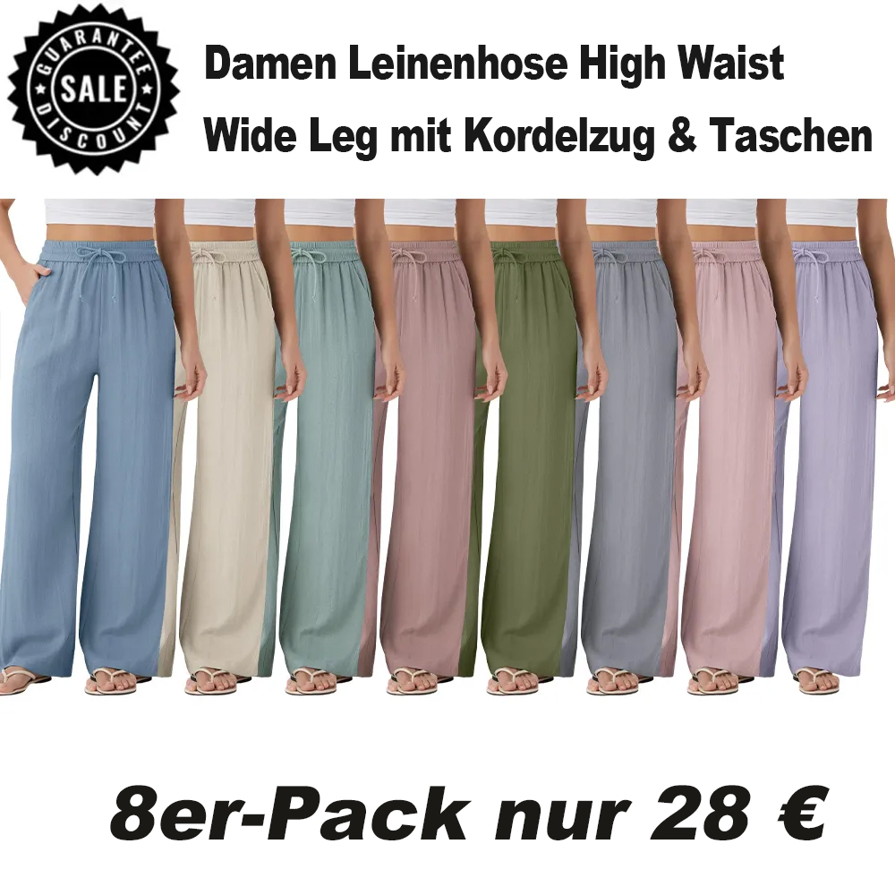 ⏰Räumungsverkauf⚡16er-Pack für 38 €⚡Damen Leinenhose High Waist Wide Leg mit Kordelzug & Taschen