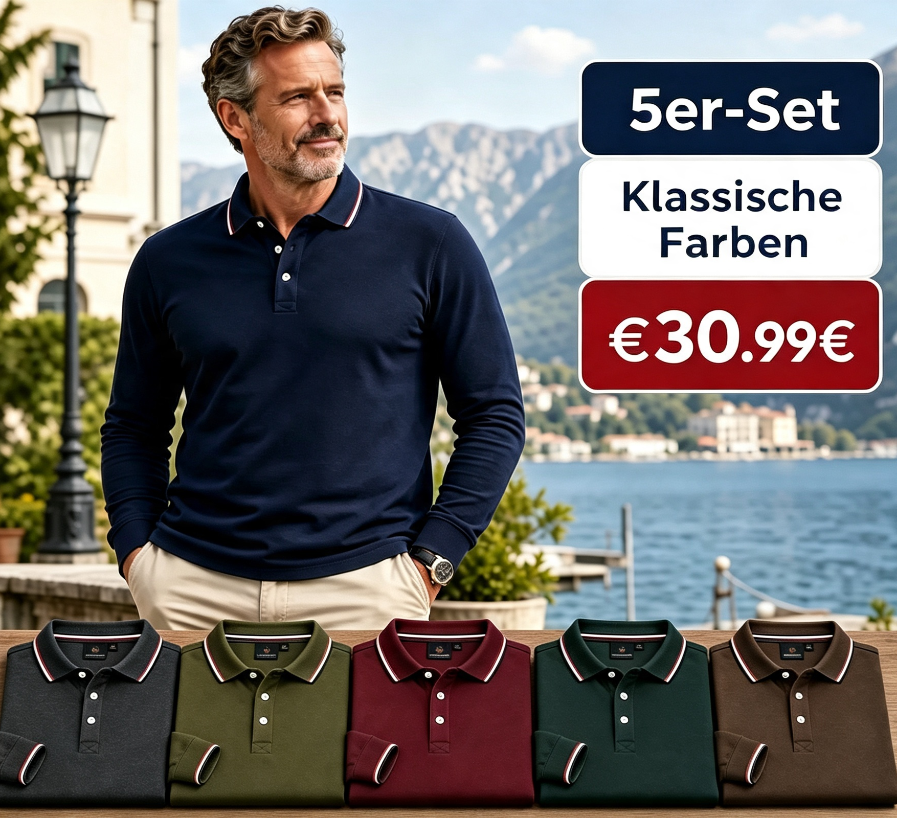Herren Langarm-Polohemd mit Kontraststreifen