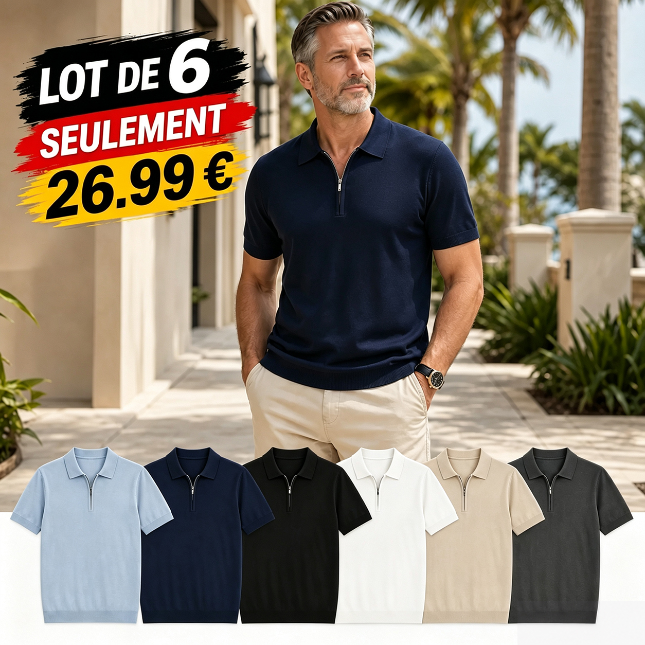 ⏰Lot de 12 pour 32.99 € ⚡Polo homme en maille à demi-zip