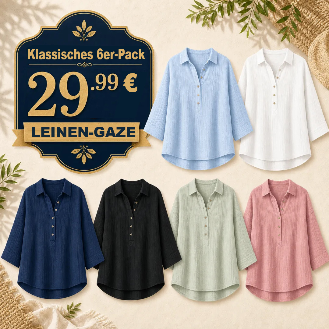 ⏰Räumungsverkauf⚡12er-Pack für 33,99 €⚡Damenblusen aus Leinen-Gaze mit Knopfleiste und Kragen