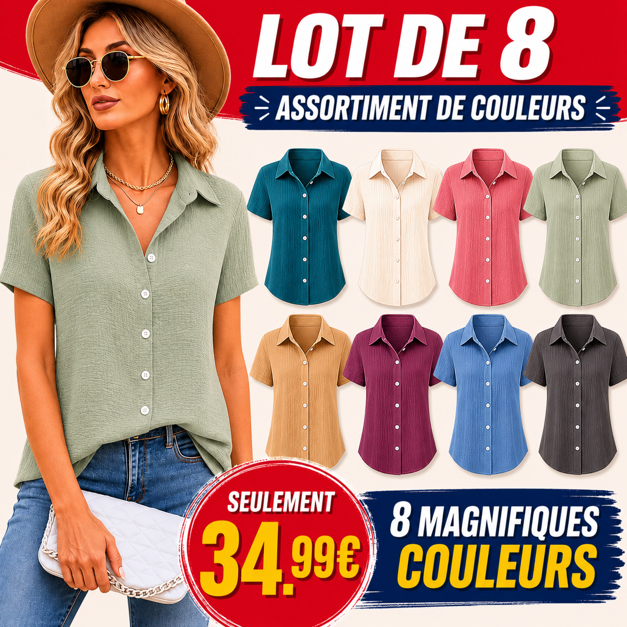 ⏰Offre Limitée⚡Lot de 16 Pour 39.99 €⚡Chemisiers  Femme Froissés à Boutonnage Frontal
