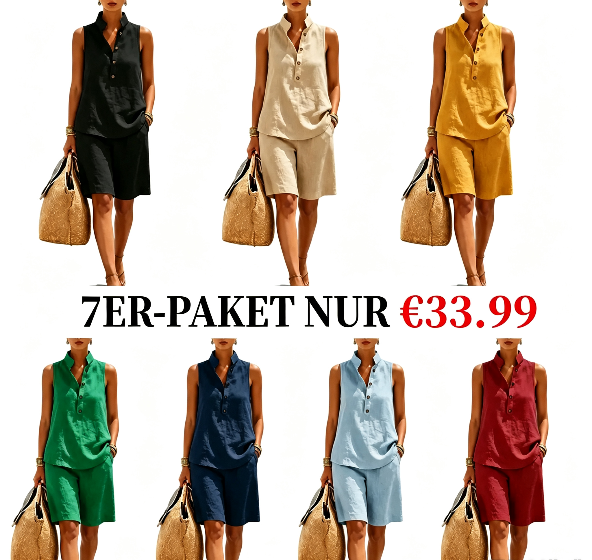 Lässiges und bequemes zweiteiliges Damen-Set aus Leinen-Baumwolle mit ärmellosem Oberteil und Shorts