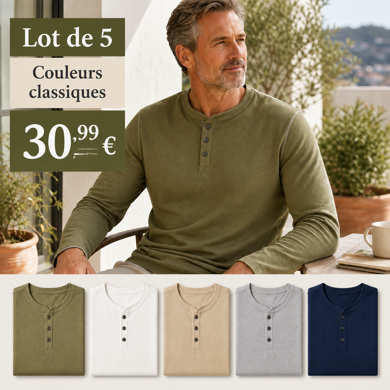 ⏰Chemise Henley à manches longues pour homme avec patte de boutonnage