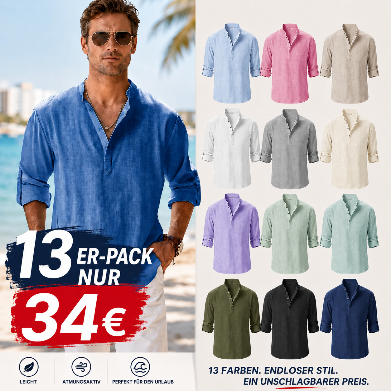 ⏰Saisonaler Räumungsverkauf – 26er-Pack für 44€ 👔 Herren-Freizeithemd aus Baumwoll-Leinen mit langen Ärmeln
