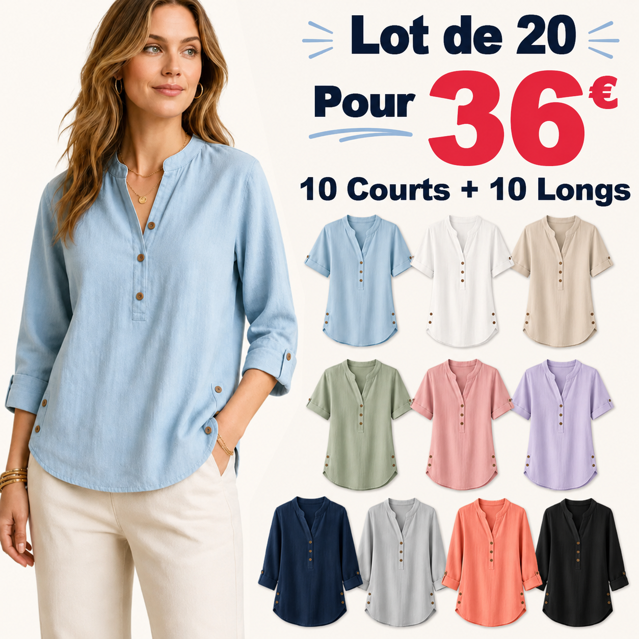 ⏰ Liquidation d’entrepôt⚡Lot de 20 à seulement 38 €⚡T-shirt femme en lin à col mao