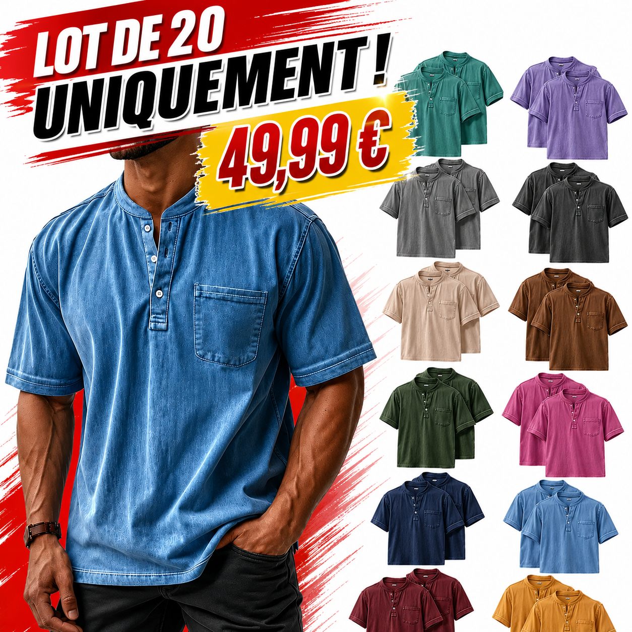 Chemise Henley décontractée à manches courtes pour homme, couleur unie, style vintage avec poche et coupe ample