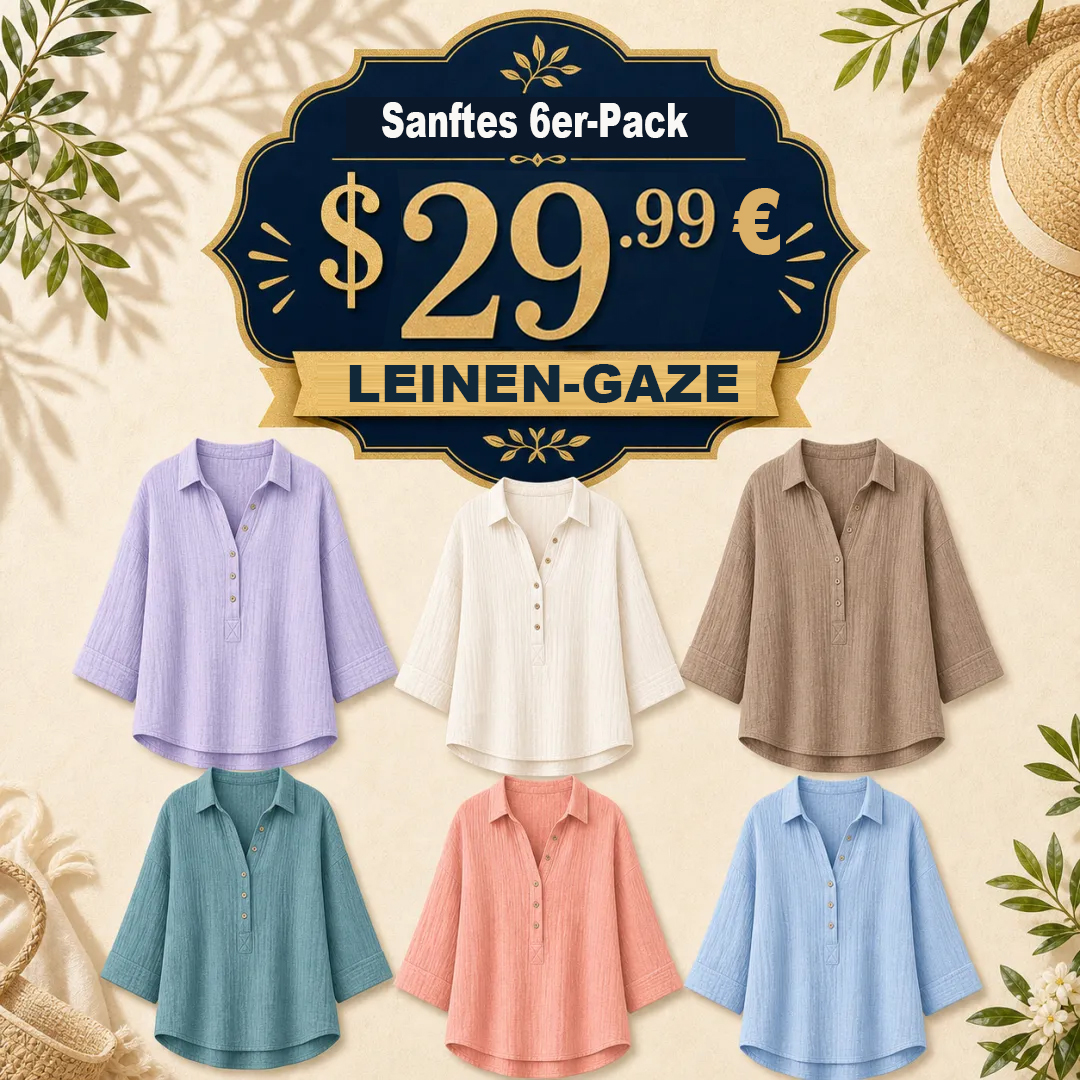 ⏰Räumungsverkauf⚡12er-Pack für 33,99 €⚡Damenblusen aus Leinen-Gaze mit Knopfleiste und Kragen
