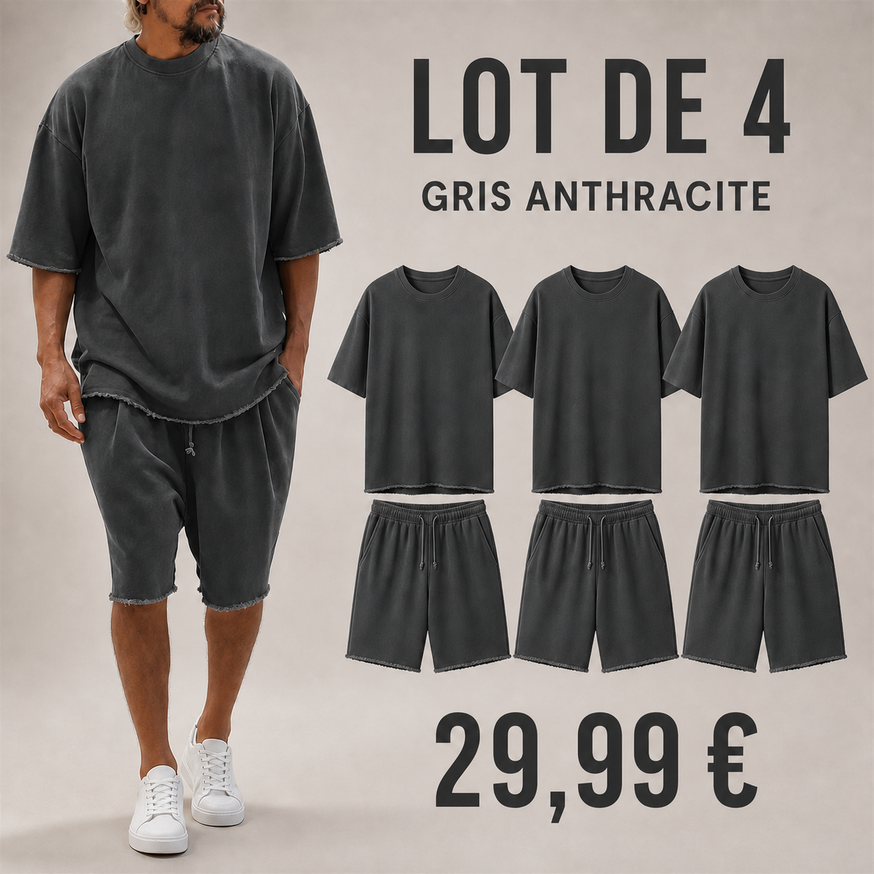 OFFRE FINALE - Lot de 8 a seulement 39,99 € - Ensemble homme avec t-shirt ample et short a cordon aux bords francs
