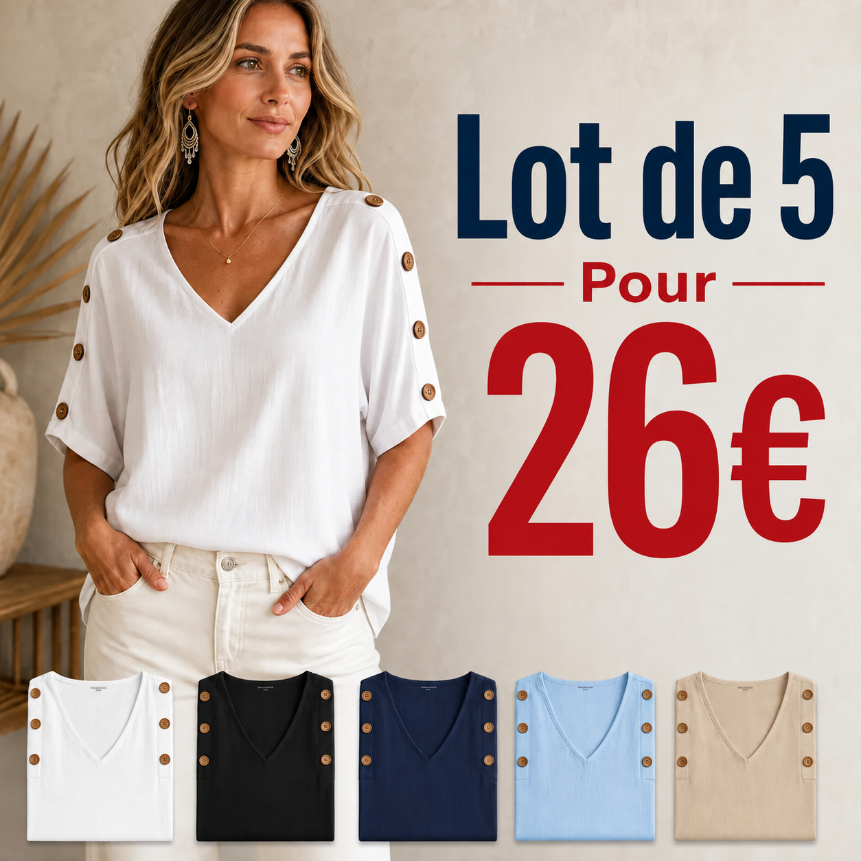⏰Vente de déstockage⚡Lot de 20 à seulement 38 €⚡T-shirt femme en lin à col V et manches boutonnées
