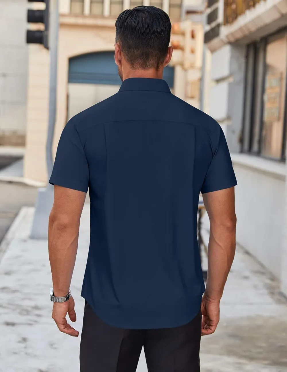 Chemise habillée à manches courtes pour homme – Sans repassage, décontractée, boutonnée, idéale à porter hors du pantalon pour l’été