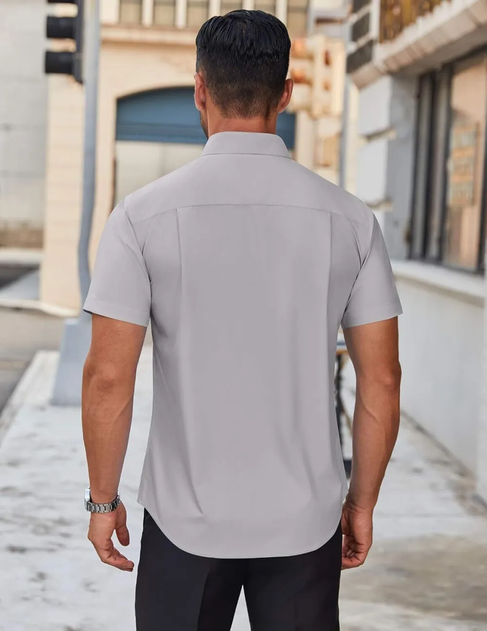 Chemise habillée à manches courtes pour homme – Sans repassage, décontractée, boutonnée, idéale à porter hors du pantalon pour l’été