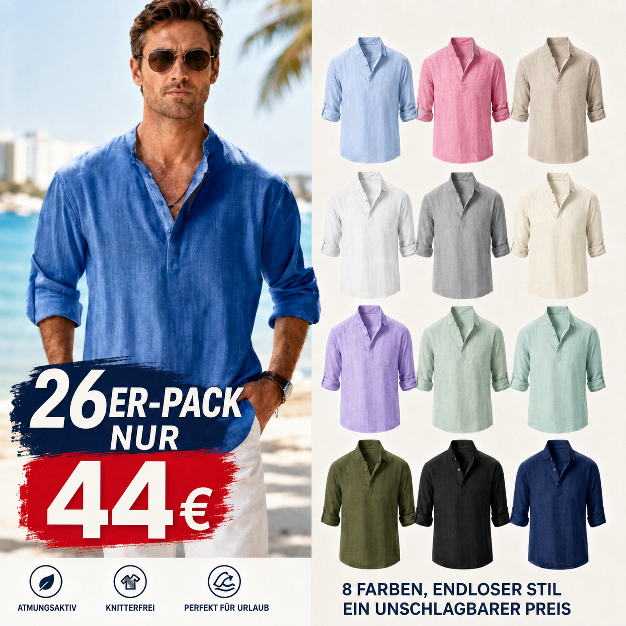 ⏰Saisonaler Räumungsverkauf – 26er-Pack für 44€ 👔 Herren-Freizeithemd aus Baumwoll-Leinen mit langen Ärmeln