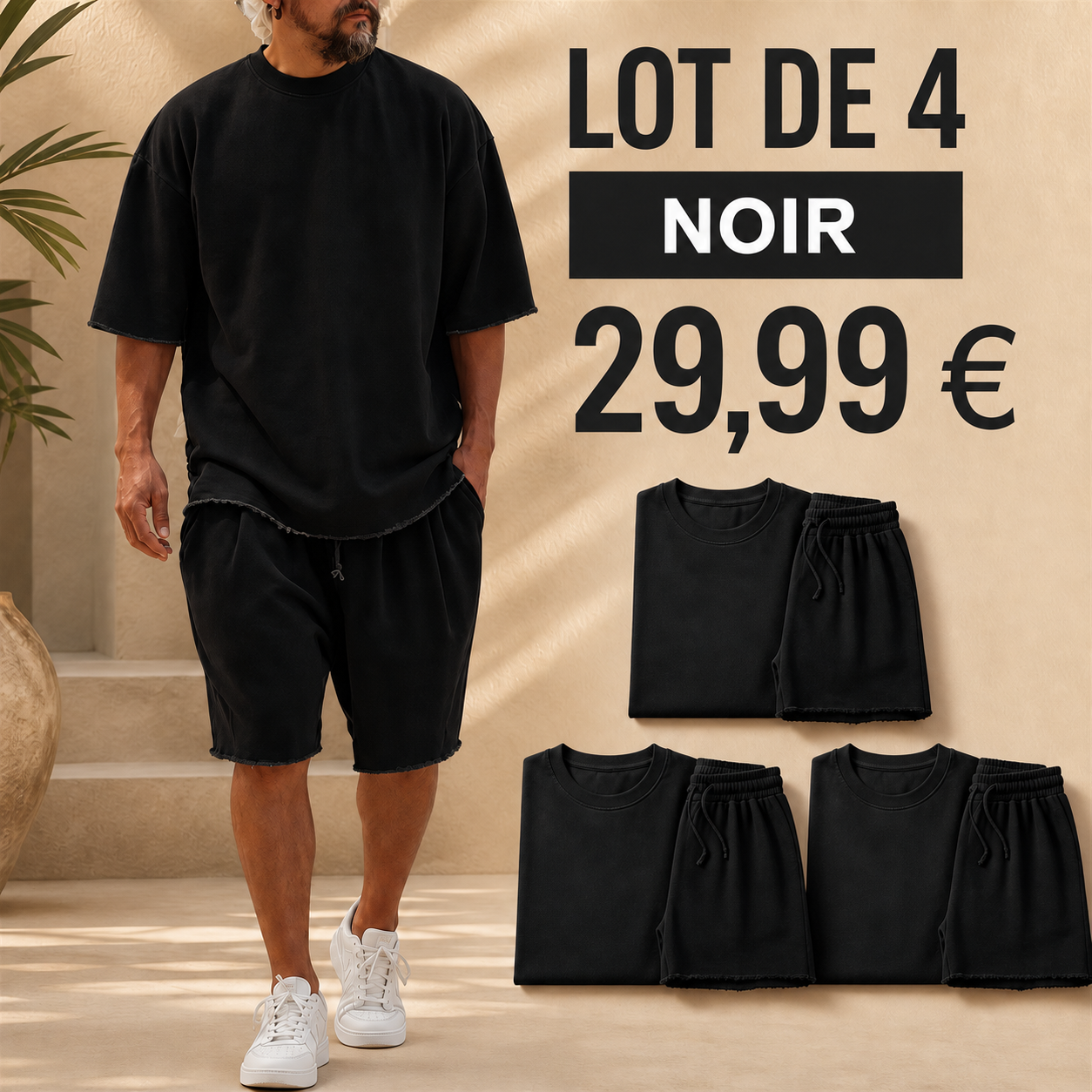 OFFRE FINALE - Lot de 8 a seulement 39,99 € - Ensemble homme avec t-shirt ample et short a cordon aux bords francs