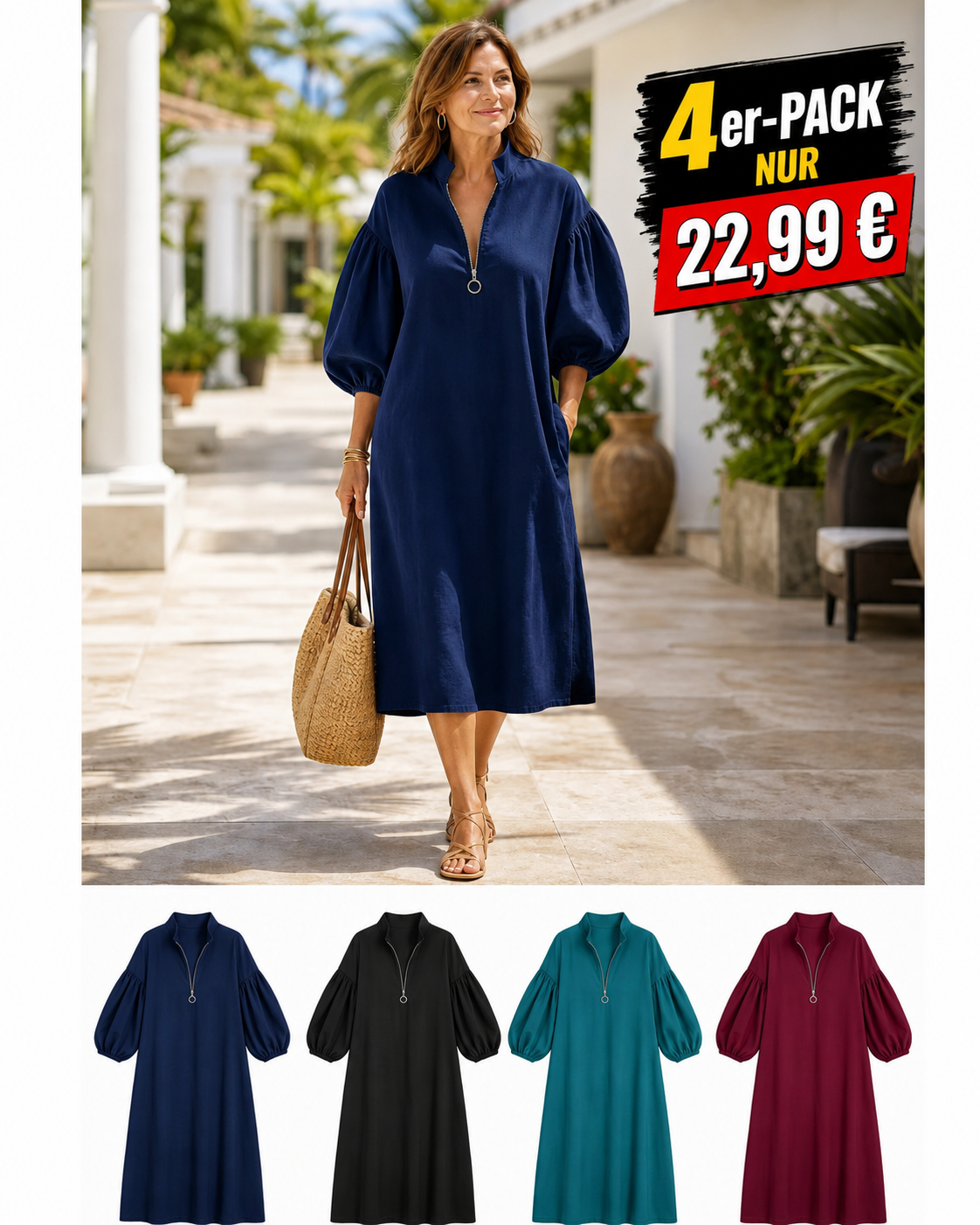 Damenkleid aus Baumwoll-Leinen mit Stehkragen und Ballonärmeln