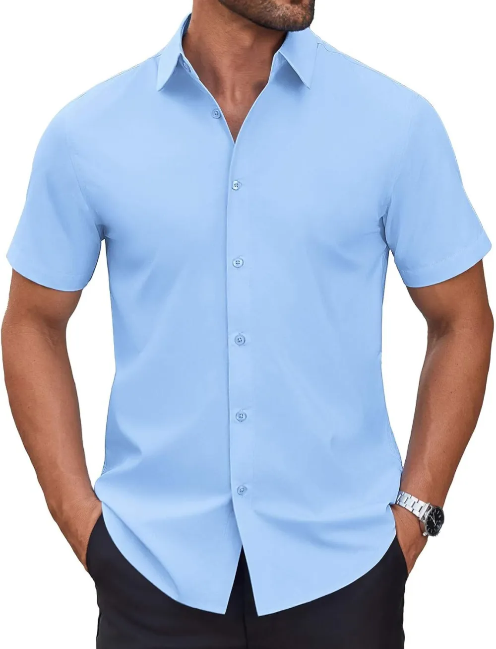 Chemise habillée à manches courtes pour homme – Sans repassage, décontractée, boutonnée, idéale à porter hors du pantalon pour l’été