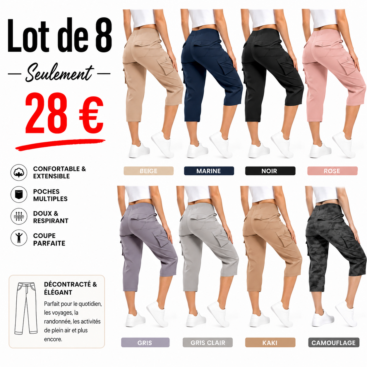 ⏰VENTE FINALE⚡ Lot de 16 pour 38 €⚡Pantalon cargo de randonnée léger pour femme