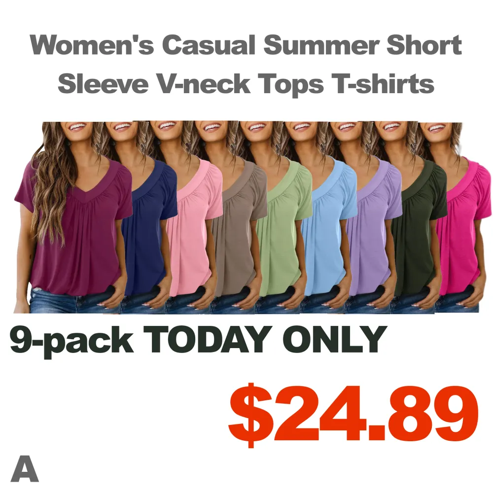 Women's Casual Summer Short Sleeve V-neck Tops T-shirts - Loose Fit & Comfortable Shirring Top