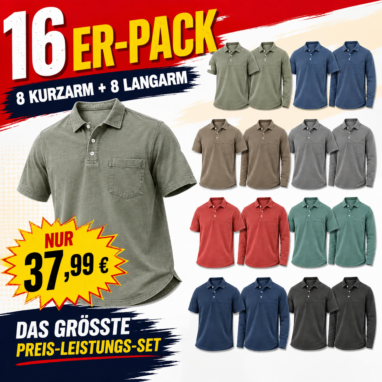 ⏰ Letzter Ausverkauf ⚡16er-Pack nur 37,99€⚡ Herren Poloshirts aus gewaschener Baumwollmischung, leicht & atmungsaktiv, lockere Passform mit 3-Knopf-Leiste
