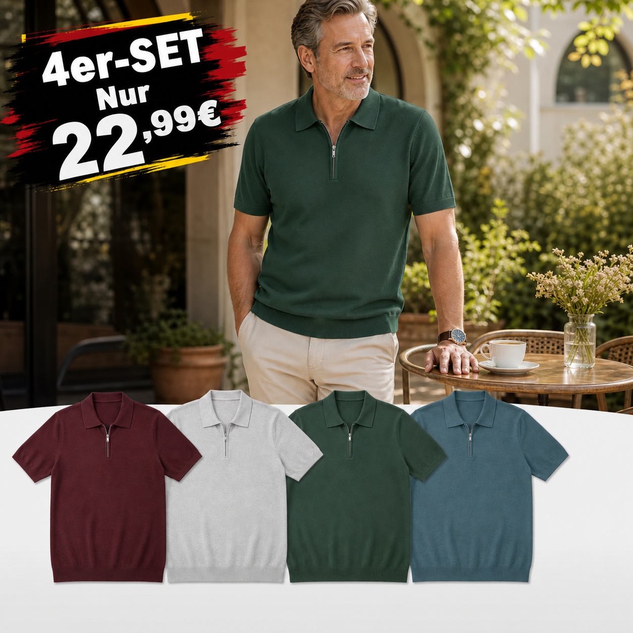 ⏰12er-Pack für 32,99 € ⚡Herren-Poloshirt mit halbem Reißverschluss
