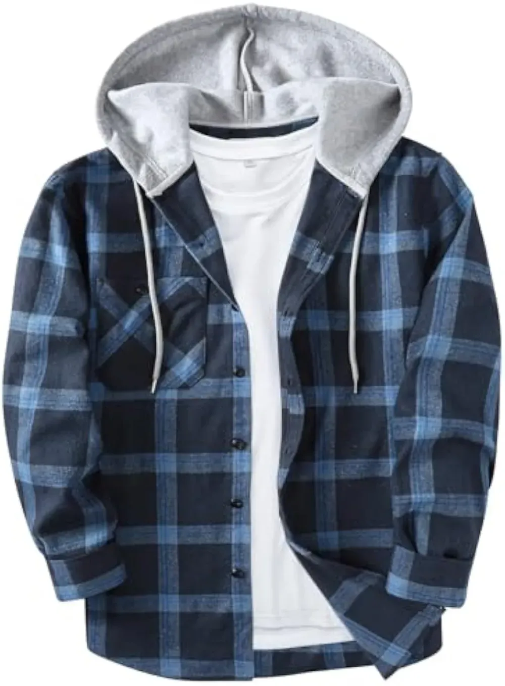 Veste à capuche homme grande taille à carreaux – Surchemise décontractée boutonnée avec poches