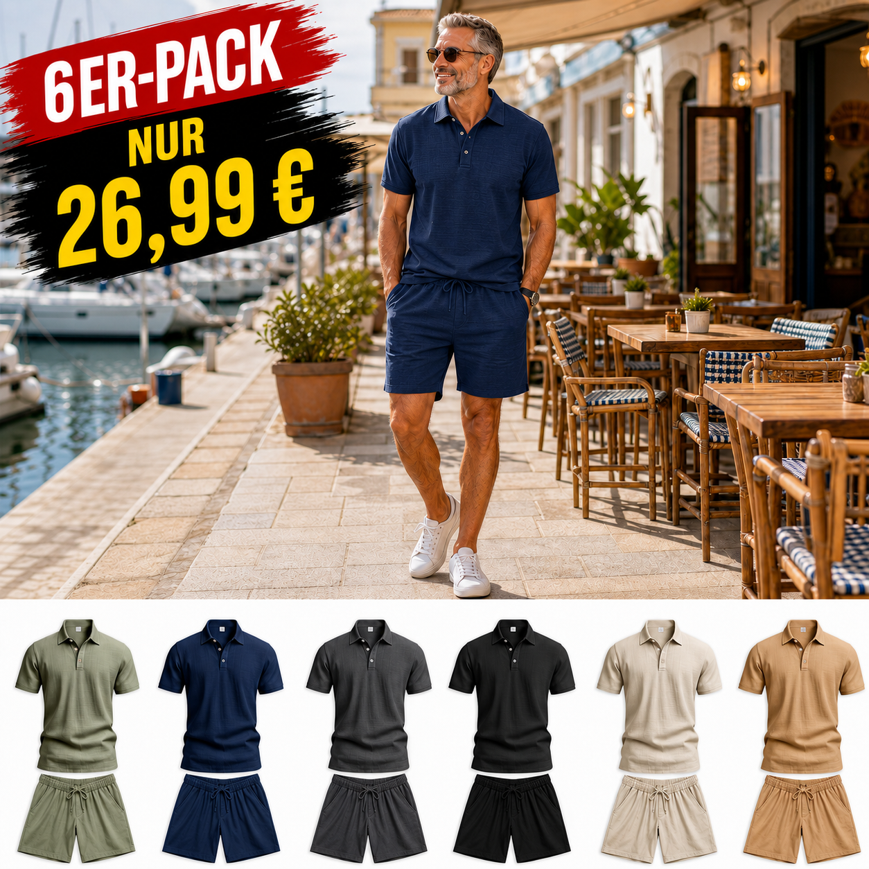 ⏰Räumungsverkauf⚡12er-Pack nur 33,86 €⚡Lockeres Herren-Poloshirt- und Shorts-Set